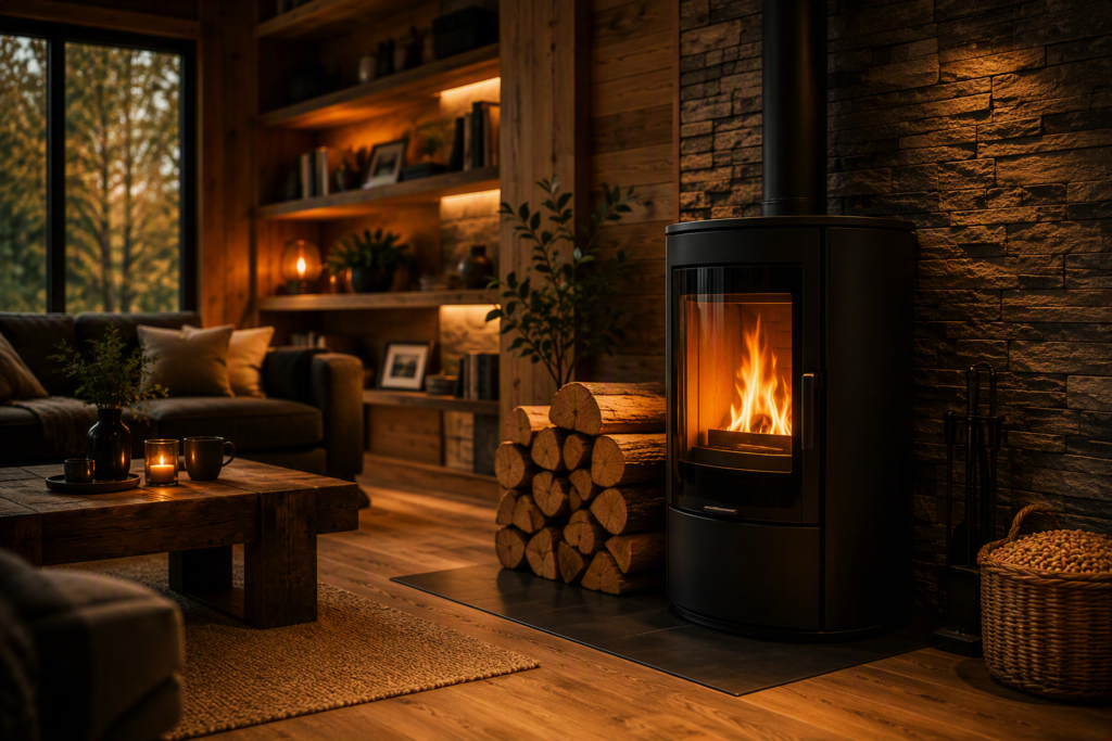 Salon chaleureux avec poêle à bois allumé illustrant la passion du chauffage au bois et le confort d’un foyer moderne.